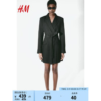 H&M女装2024春季气质通勤腰部系带西装式连衣裙1213162 黑色 170/104A