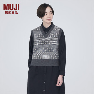 MUJI 無印良品 无印良品（MUJI）女式 美利奴羊毛 图案织 V领背心马甲 针织衫休闲百搭 BA1ODA3A 炭灰色图案 S（155/80A）