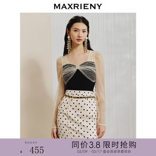 MAXRIENY复古宫廷风网纱针织拼接上衣女假两件针织衫 黑色 M02