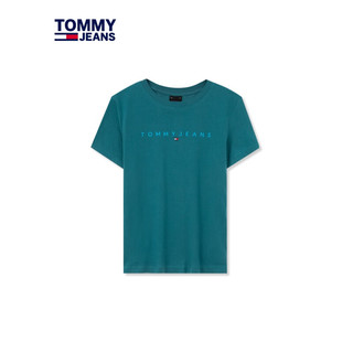 TOMMY JEANS【美式休闲】24春夏女装纯棉刺绣修身净色短袖T恤17827 蓝绿色CT0 S