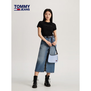 TOMMY JEANS【美式休闲】24春夏女装纯棉刺绣修身净色短袖T恤17827 黑色BDS L