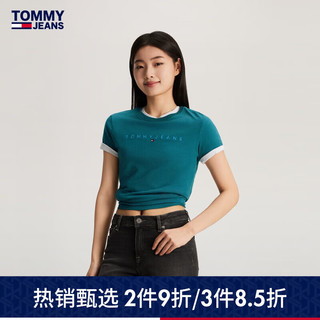 TOMMY JEANS【美式休闲】24春夏女装纯棉刺绣修身净色短袖T恤17827 蓝绿色CT0 M