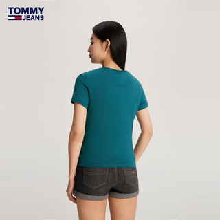 TOMMY JEANS【美式休闲】24春夏女装纯棉刺绣修身净色短袖T恤17827 蓝绿色CT0 M