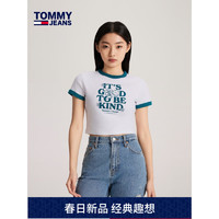 TOMMY JEANS24春季女装纯棉美式印花撞色圆领修身短款短袖T恤17825 白色YBR M