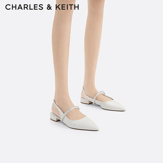 CHARLES&KEITH24春法式亮钻一字带平底尖头凉鞋CK1-70900487 White白色 39