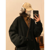 至唯 针织开衫外套男秋季慵懒风v领毛衣oversize韩系风格穿搭宽松上衣 黑色 L【110-130斤】