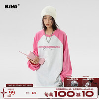 BJHG不计后果 美式插肩长袖T恤女春季2023潮流圆领内搭宽松打底衫 桃粉色 2XL