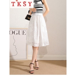 TKSY夏季真丝半身裙女夏季小个子桑蚕丝提花时尚黑色显瘦中裙 白色 S