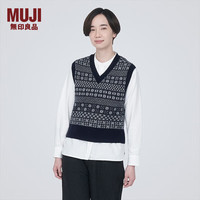 無印良品 MUJI（無印良品 ）女式 美利奴羊毛 图案织 V领背心马甲 针织衫休闲百搭 BA1ODA3A 藏青色图案 M（160/84A）