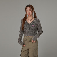 CHUU刺绣字母扭花针织衫女2024年春季设计感V领长袖短毛衣 碳墨灰 均码