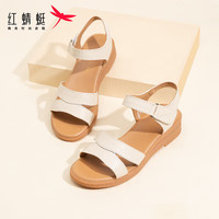 红蜻蜓 RED DRAGONFLY 凉鞋女夏季透气露趾一字带皮凉鞋软底鞋女鞋WTK23336米白色38