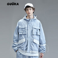 GUUKA潮牌连帽运动风衣男 街头拼接撞色多口袋工装外套耶啵同款宽松 浅蓝 M