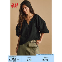 H&M女装2024春季V领休闲时尚纯色宽松版型泡泡纱上衣1209418 黑色 170/116A