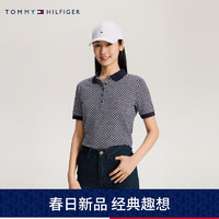 TOMMY HILFIGER24春季女珠地网眼通勤满印五粒扣合身短袖POLO衫41782 黑白刺绣0G1 L