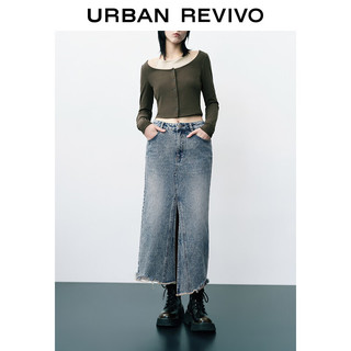 URBAN REVIVO UR2024春季女装复古水洗做旧毛边开叉牛仔半裙UWV840031 蓝色 S