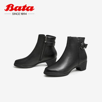 Bata 拔佳 时装靴女冬商场新款粗跟软底百搭牛皮通勤短筒靴AV458DD2