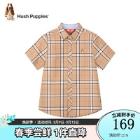 暇步士（Hush Puppies）童装儿童2024夏季经典格纹短袖翻领衬衫复古大气舒适 杏仁卡其 130cm