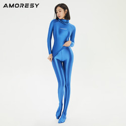 AMORESY Hecate系列高领遮面油亮光泽户外健身弹力跑步紧身打底衫 蓝色 M