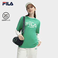 FILA 斐乐女子针织短袖衫2024春休闲宽松撞色LOGO纯棉T恤 西瓜皮绿-GN 180/96A/XXL