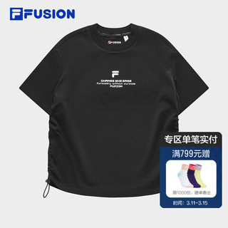 FILA FUSION斐乐潮牌女子针织短袖衫2024春季时尚休闲宽松T恤 正黑色-BK 180/96A/XXL