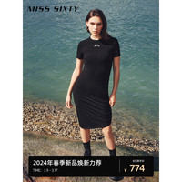 MISS SIXTY2024春季连衣裙女圆领短袖抽褶设计感不规则休闲风 黑色 M