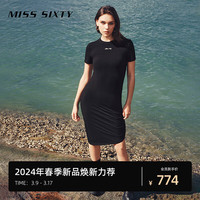 MISS SIXTY2024春季连衣裙女圆领短袖抽褶设计感不规则休闲风 黑色 S