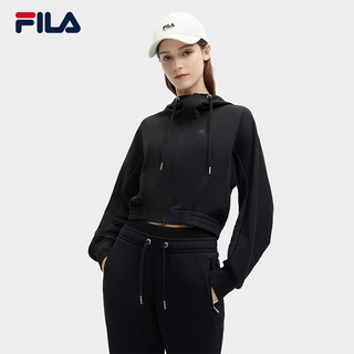 FILA 斐乐女士针织连帽外套2024春时尚纯棉运动短款上衣 正黑色-BK 155/76A/XS