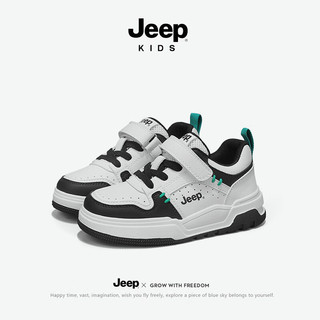 Jeep儿童轻便运动鞋春季男童鞋子2024女童软底皮面板鞋春秋款 白黑 28码 鞋内长约18.1cm