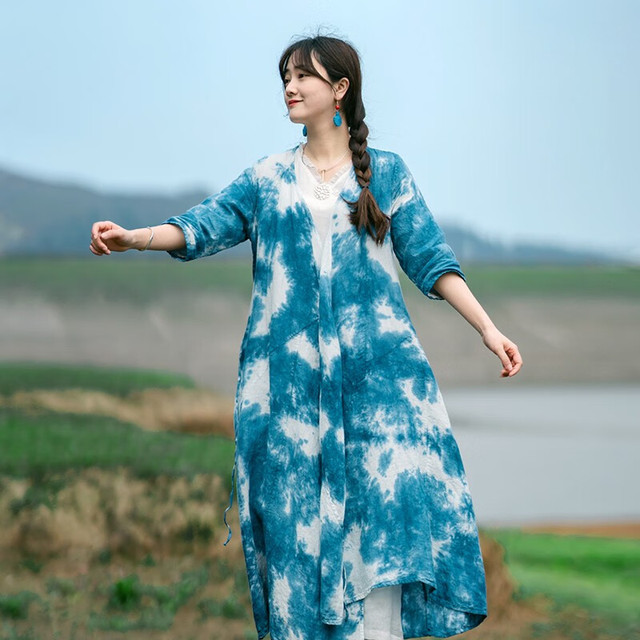 知筆墨 复古国风纯亚麻交襟中长款扎染连衣裙 知笔墨夏植物染开衫式长裙 蓝色 均码
