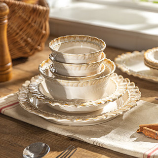 摩登主妇法式陶瓷碗盘餐具套装釉下彩饭碗碟盘子汤碗家用2024 焦糖花边8.25英寸四方盘