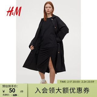 H&M 女装半身裙秋装碎褶开叉设计感气质高腰中长裙0960507 黑色 155/64A