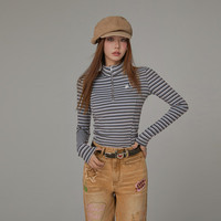 CHUU撞色条纹长袖T恤女2024春季爱心字母高领打底衫修身上衣 蓝条纹 均码