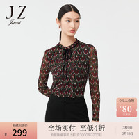 JZ玖姿优雅印花网纱小衫女2022春季木耳边压褶气质修身单上衣 花黑 2XL