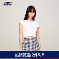 TOMMY JEANS【美式辣妹】24春夏女装复古褶皱木耳边修身短袖上衣17888 白色YBR XS