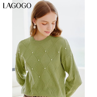 lagogo拉谷谷20绿色软糯圆领长袖针织衫上衣女设计感 绿色(L2) 160/M/38