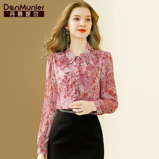 丹慕妮尔法式印花长袖上衣2024春季女装气质高级感荷叶边衬衫 粉色 S