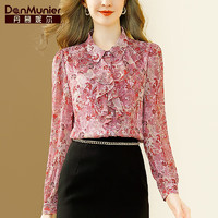 丹慕妮尔法式印花长袖上衣2024春季女装气质高级感荷叶边衬衫 粉色 M