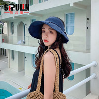 斯普琳 遮阳帽子女夏天防晒帽韩版文艺甜美蝴蝶结渔夫帽可拆卸百搭沙滩休闲户外出游太阳帽女 藏蓝