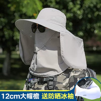 黛米安妮莎遮阳帽子夏季防晒帽男韩版透气潮流渔夫帽户外钓鱼太阳帽遮脸草帽 浅灰色12cm大帽檐【帽子+面罩】 均码-面罩可拆卸