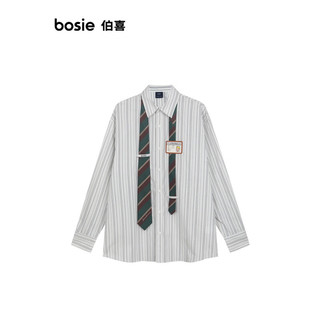 bosie2024年春季休闲长袖衬男宽松外套衬衣潮小王子联名款 米白条纹色 180/96A