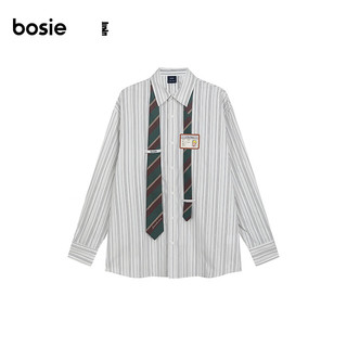 bosie2024年春季休闲长袖衬男宽松外套衬衣潮小王子联名款 米白条纹色 170/88A