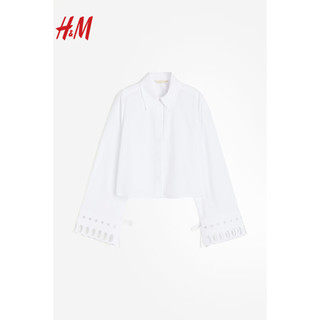 H&M女装衬衫2024春季休闲翻领透气刺绣长袖短款衬衣1227396 白色 170/116A