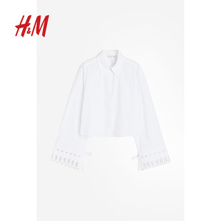 H&M女装衬衫2024春季休闲翻领透气刺绣长袖短款衬衣1227396 白色 165/96A