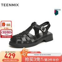 天美意2024夏厚底休闲复古罗马鞋女凉鞋COY32BH4 黑色 32