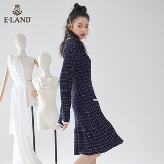 E·LAND 衣恋 Eland衣恋知性小香风藏青色花呢显瘦针织连衣裙女春夏新款