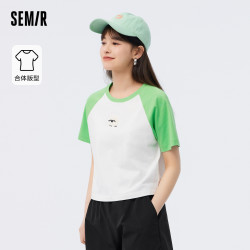 semir森马短袖t恤女短款辣妹撞色绵羊熊猫图案2023夏新款刺绣可爱