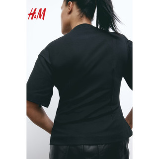 H&M女装2024春季圆领气质时尚休闲锥形纯色收腰款T恤1210799 黑色 170/104A