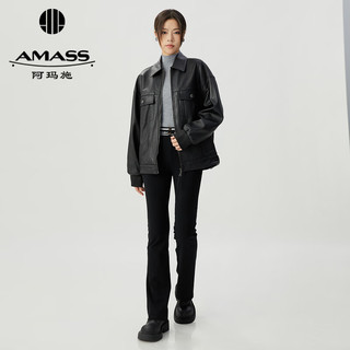 阿玛施（AMASS）潮酷百搭廓形拉链机车风羊皮皮衣夹克外套女5492846 黑 XS(1码)