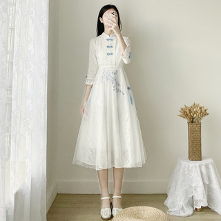 麦娅洛成人女十八嵗岁礼服改良旗袍连衣裙少初中高中复古演出朗 白色(蓝色盘扣9901) M 90-100斤