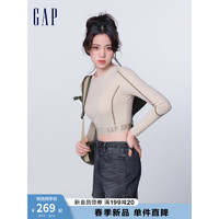 Gap女装2024春季提花下摆明线圆领长袖T恤876159 卡其色 175/92A(XL)亚洲尺码